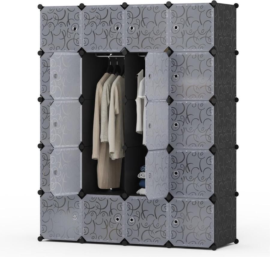 Boraboi Ruim en flexibel modulair opbergsysteem met kledingstangen voor slaapkamer zwart en wit 145 x 47 x 181