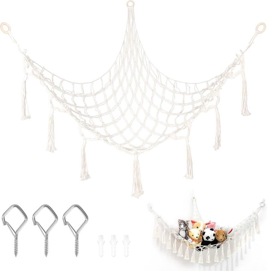 Boraboi Ruimtebesparende Hangmat voor Knuffeldieren en Speelgoedopslag met 3 Haken voor Kinderkamer