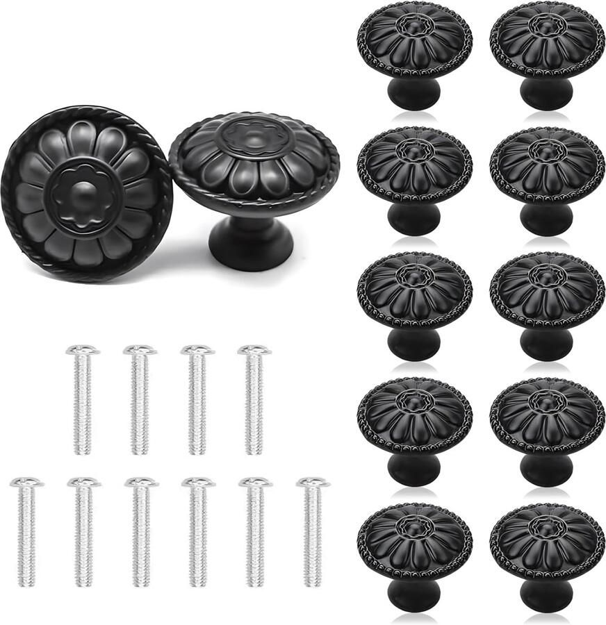 Boraboi Set van 10 Luxe Zwarte Kastdeurknoppen met Vintage Bloemenpatroon voor Meubels