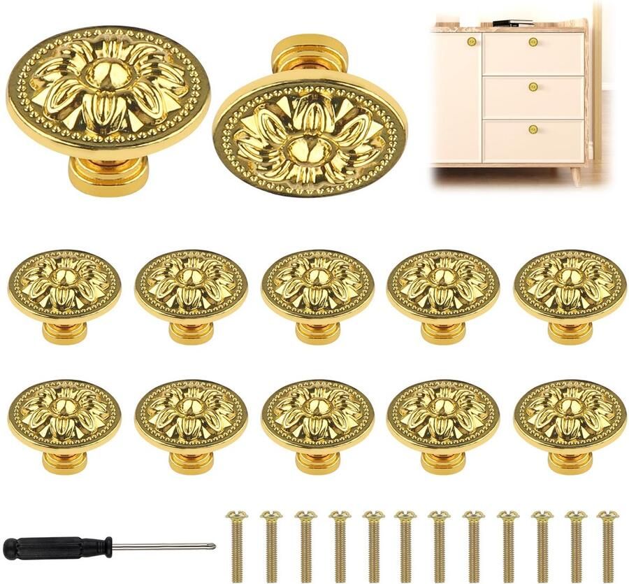 Boraboi Set van 12 decoratieve vintage meubelknoppen met bloemenpatroon en schroevendraaier