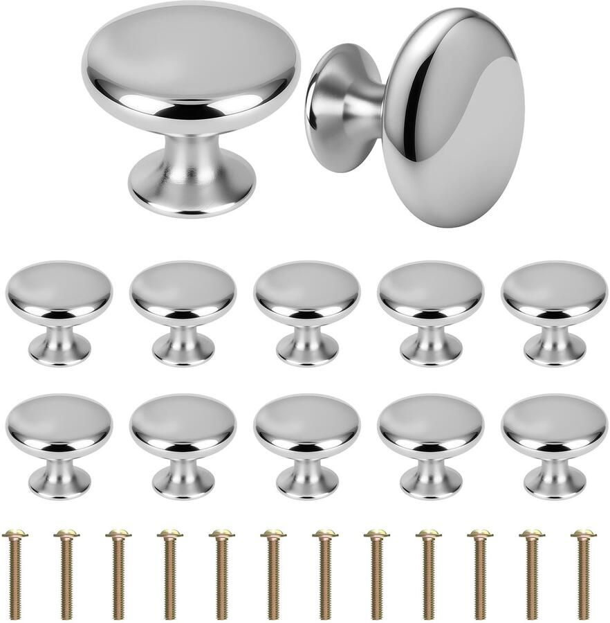 Boraboi Set van 12 ronde zilverkleurige meubelknoppen voor kasten en laden met schroeven