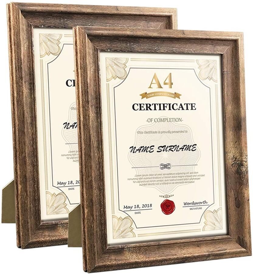 Boraboi Set van 2 Klassieke Bruine Fotolijsten A4 voor Wand en Tafel Rustieke Decoratie