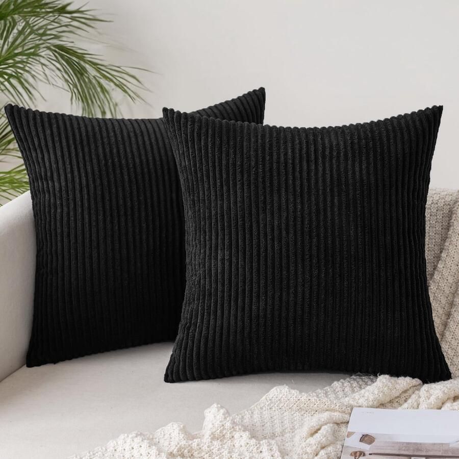 Boraboi Set van 2 Luxe Corduroy Kussenslopen voor Bank en Woonkamer Decoratie 45 x 45 cm Zwart