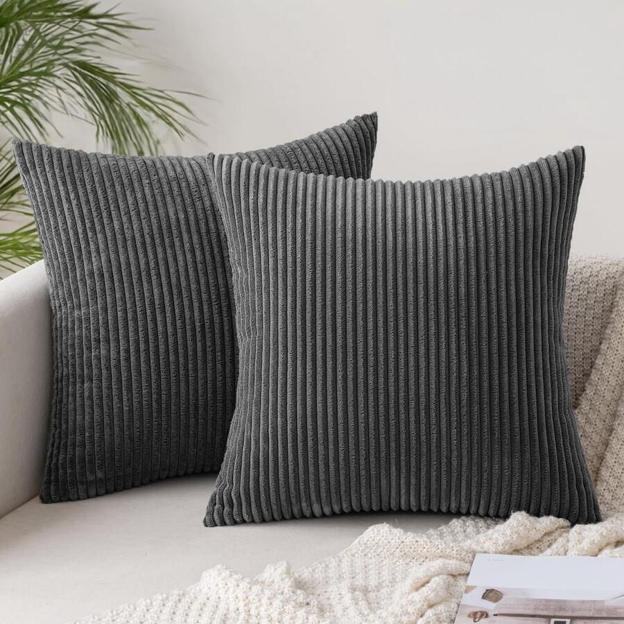 Boraboi Set van 2 Luxe Corduroy Kussenslopen voor Bank en Woonkamer Donkergrijs 45 x 45 cm