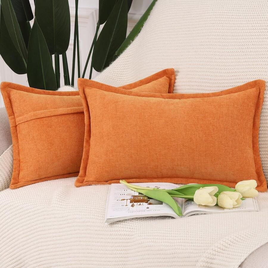 Boraboi Set van 2 moderne chenille kussenslopen met franjes voor bank en slaapkamer oranje 40 x 60 cm