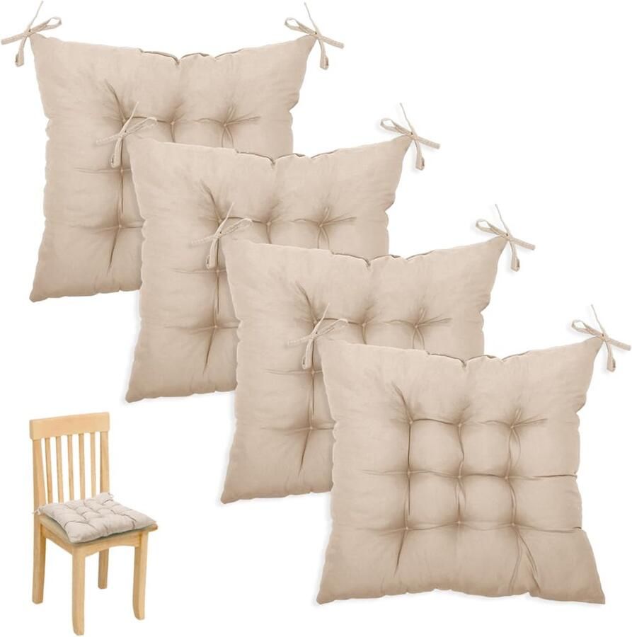 Boraboi Set van 4 comfortabele stoelkussens met strikbanden voor eetkamerstoelen in crème kleur