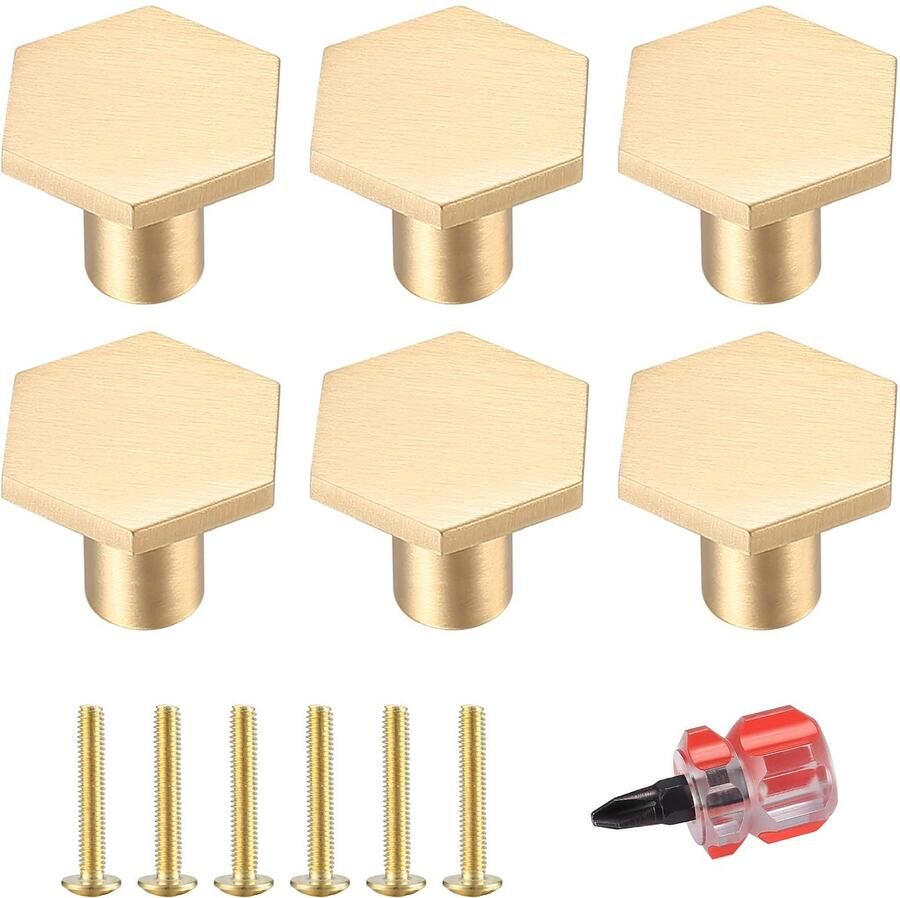 Boraboi Set van 6 Messing Schrankknoppen met Hexagon Vorm en Schroevendraaier voor Keuken en Meubel
