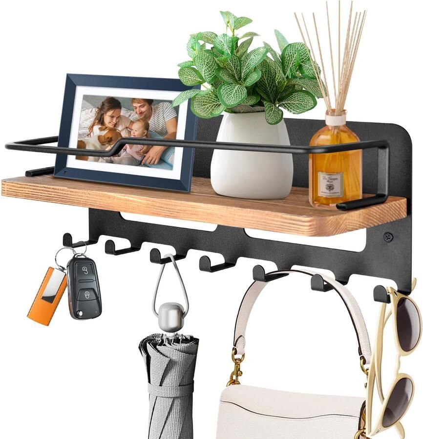 Boraboi Sleutelbord van Hout met Opbergruimte en 7 Haken voor Ingang Hal en Woonkamer
