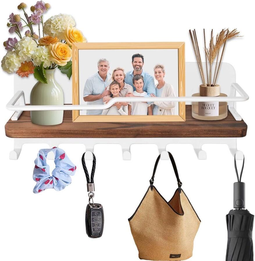 Boraboi Sleutelrek van hout met moderne plank en 7 haken voor veelzijdige opbergruimte in huis