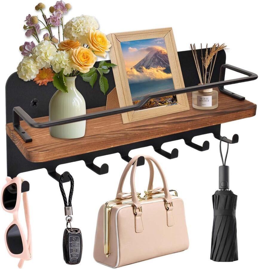 Boraboi Sleutelrek van hout met stijlvolle plank en 7 haken voor elke ruimte