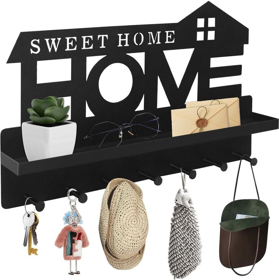 Boraboi Sleutelrek Zwart met Plank en 7 Haken voor Muurmontage Zonder Boren of Zelfklevend