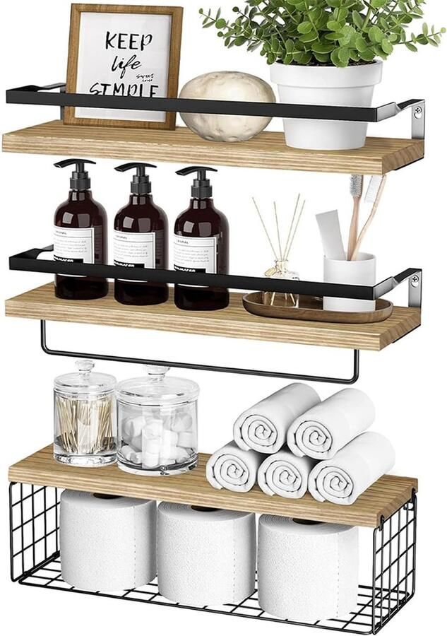 Boraboi Stijlvol Houten Wandplankenset: 3-delige Roestvrije Zwevende Wandrekken voor Badkamer en Woonkamer