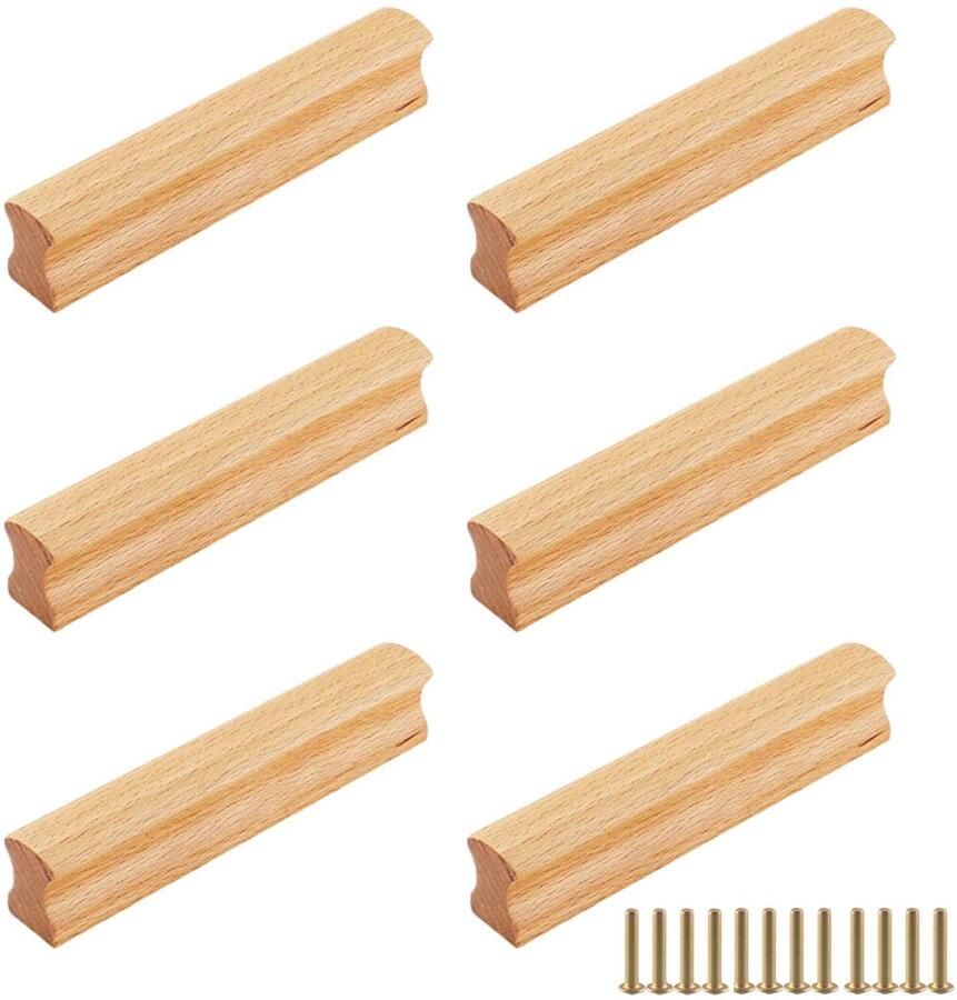 Boraboi Stijlvolle en Ergonomische Houten Meubelgrepen voor Keukenkasten en Laden Set van 6 Inclusief Schroeven