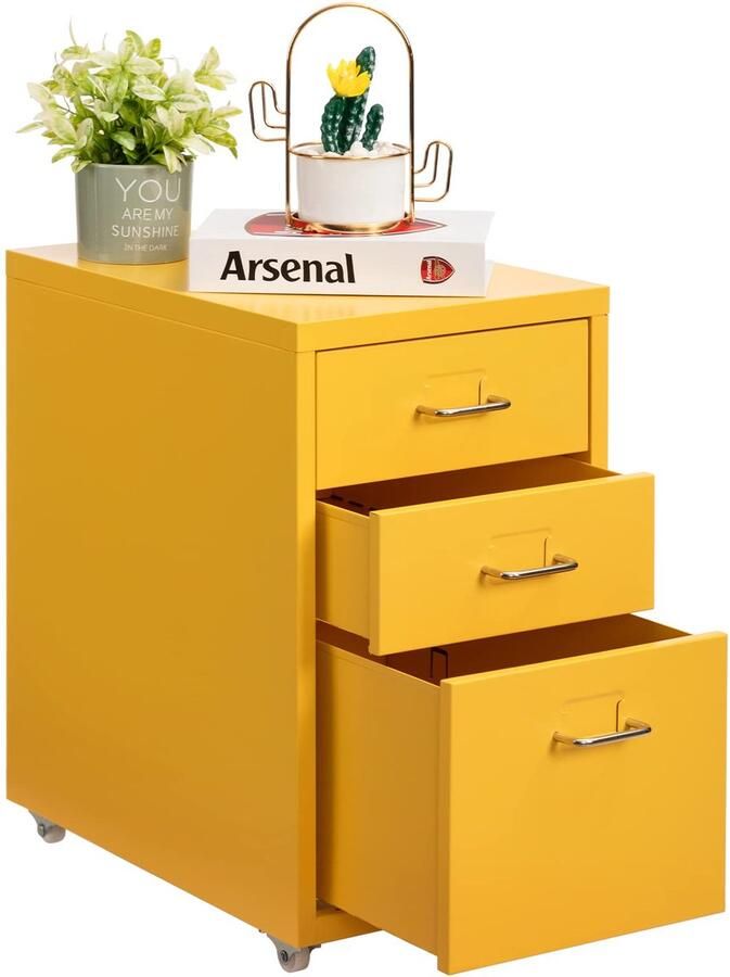 Boraboi Stijlvolle Gele Mobiele Archiefkast met 3 Laden voor Bureau en Kantoor