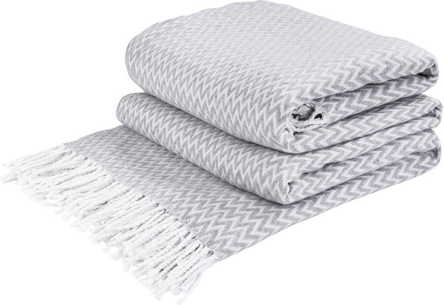 Boraboi Stijlvolle katoenen plaid deken met franjes voor bank of bed 140x200cm lichtgrijs