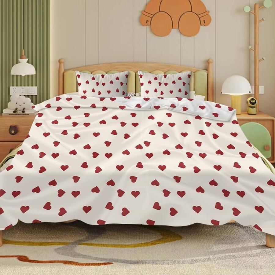 Boraboi Stijlvolle kinderdekbedovertrekset met rode harten voor eenpersoonsbed