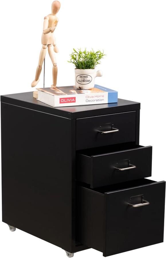 Boraboi Stijlvolle Metalen Archiefkast met Drie Ruime Lades en Zwenkwielen voor Flexibele Opbergruimte