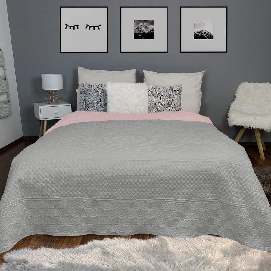 Boraboi Stijlvolle Omkeerbare Sprei met Trendy Oudroze en Grijs Patroon voor Bed of Bank 200 x 220 cm