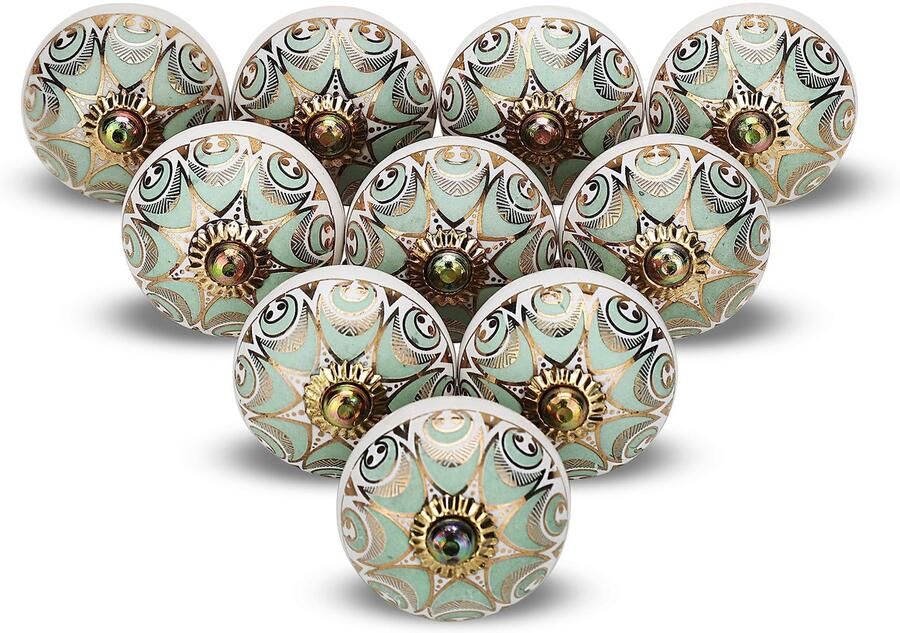 Ibenzoa Fraaie Handbeschilderde Knoppen voor Kasten en Laden Set van 10 Stuks in Lichtgroen