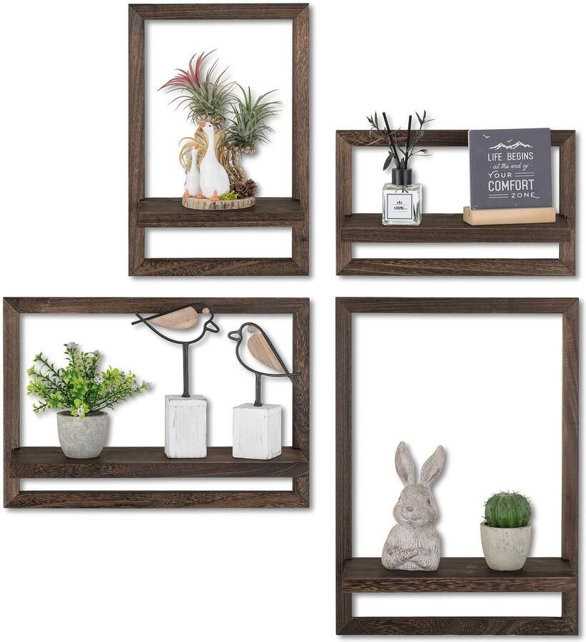 Boraboi Stijlvolle Wanddecoratie Houten Schapenset voor Elke Kamer 4-delige Zwevende Plankenset in Donkerbruin