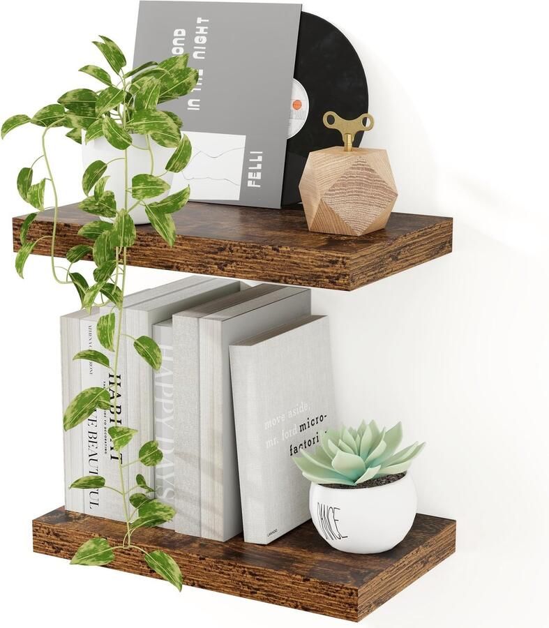 Boraboi Stijlvolle Zwevende Wandplanken Set van 2 voor Ruimtes in Huis MDF Hout 40 cm Vintage Bruin
