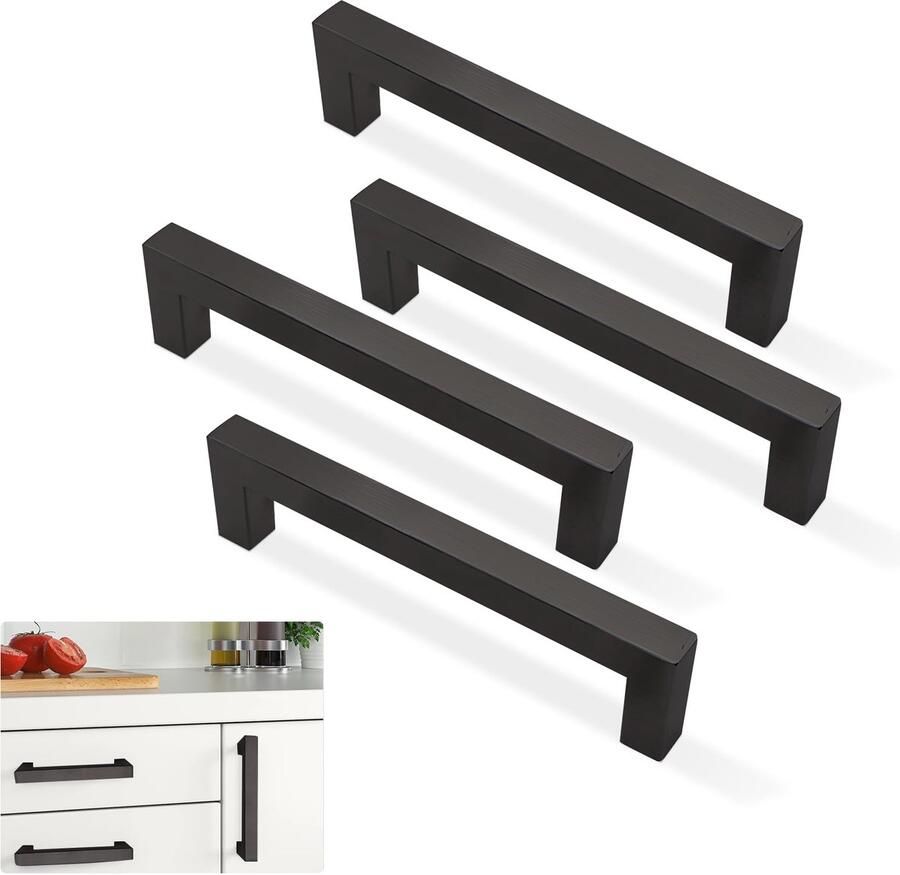 Boraboi Strakke Zwarte Meubelgrepen Set van 4 voor Kasten en Deuren Roestvrij Staal 128 mm