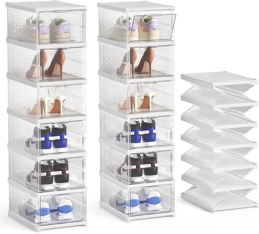 Boraboi Transparante Stapelbare Schoenendozen Set van 12 met Eenvoudige Montage en Opslagoplossing