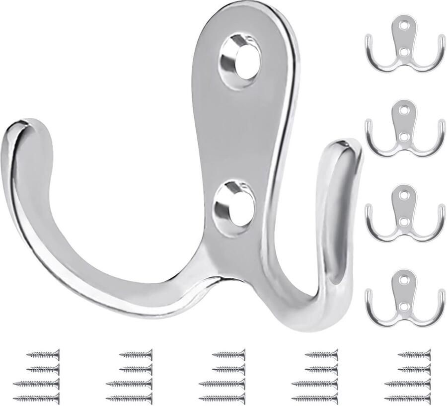Boraboi Verfijnde Zilveren Dubbele Wandhaken voor Keuken en Badkamer Retro Stijl Set van 5 Stuks