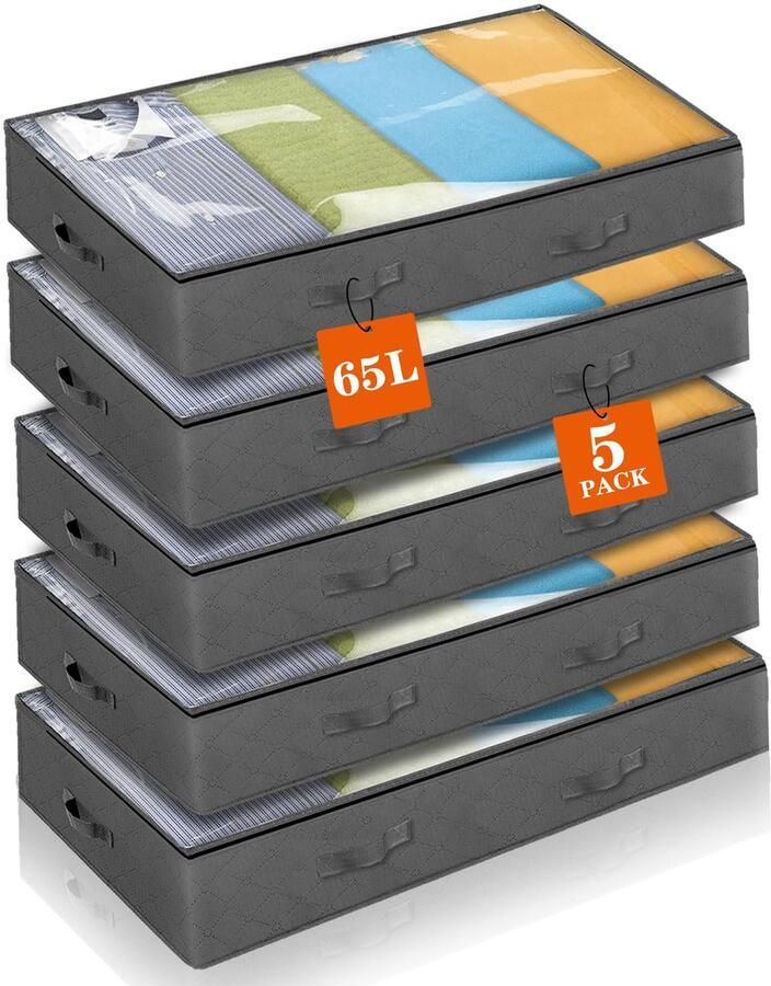 Boraboi Vijfdelige set opbergtassen voor onder bed met groot venster en handgrepen 5 Stück Unterbettkommode 65L Unterbett Aufbewahrungsbox Vliesstoff