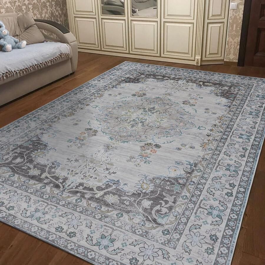 Boraboi Vintage Oosters Tapijt met Bloemenpatroon voor Woonkamer en Slaapkamer Wasbaar en Laagpolig 120 x 170 cm