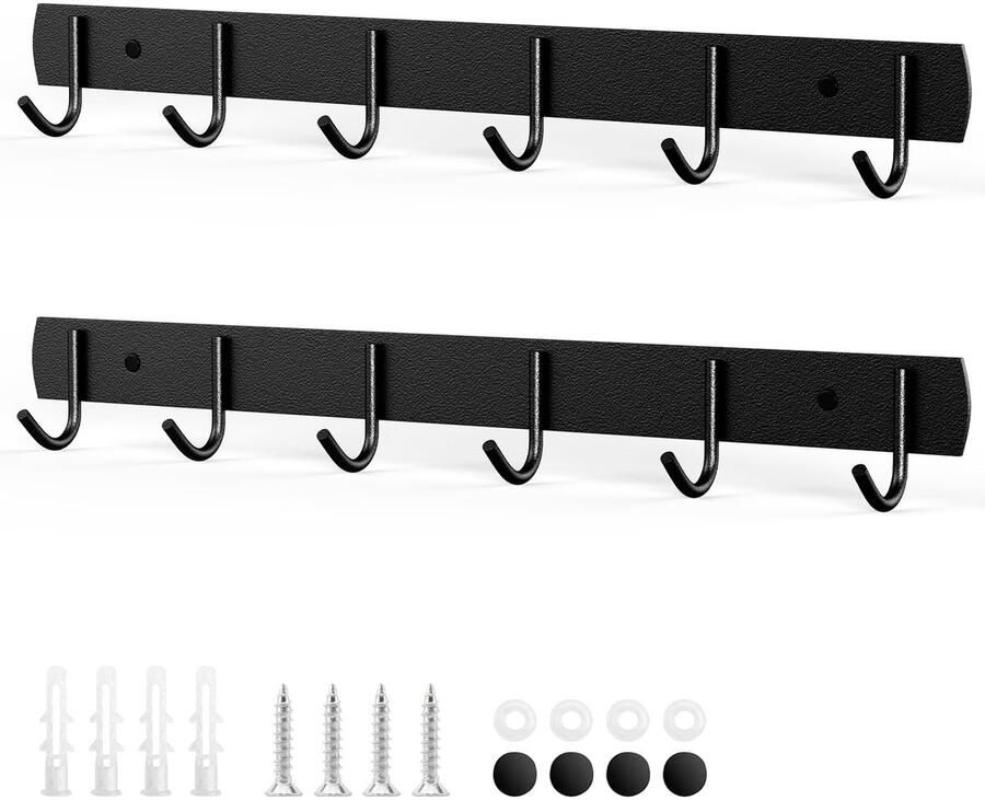 Boraboi Wandgarderobe met 6 haken voor verschillende ruimtes zwart set van 2 stuks