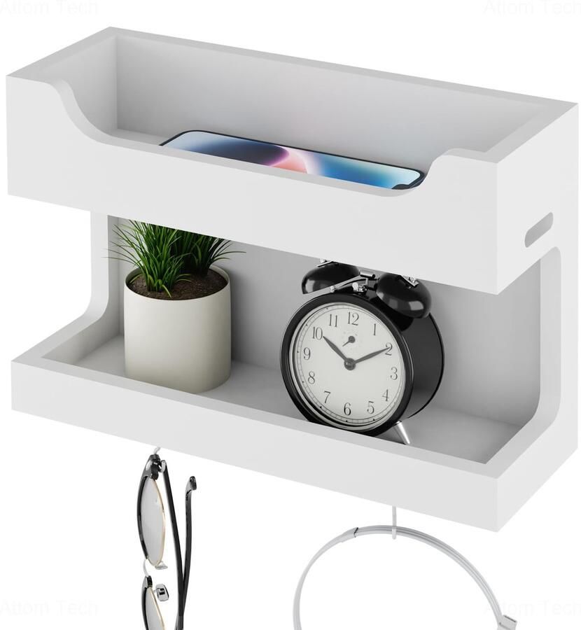 Boraboi Wandplank van hout met dubbele opslag en magnetische haken voor slaapkamer en meer