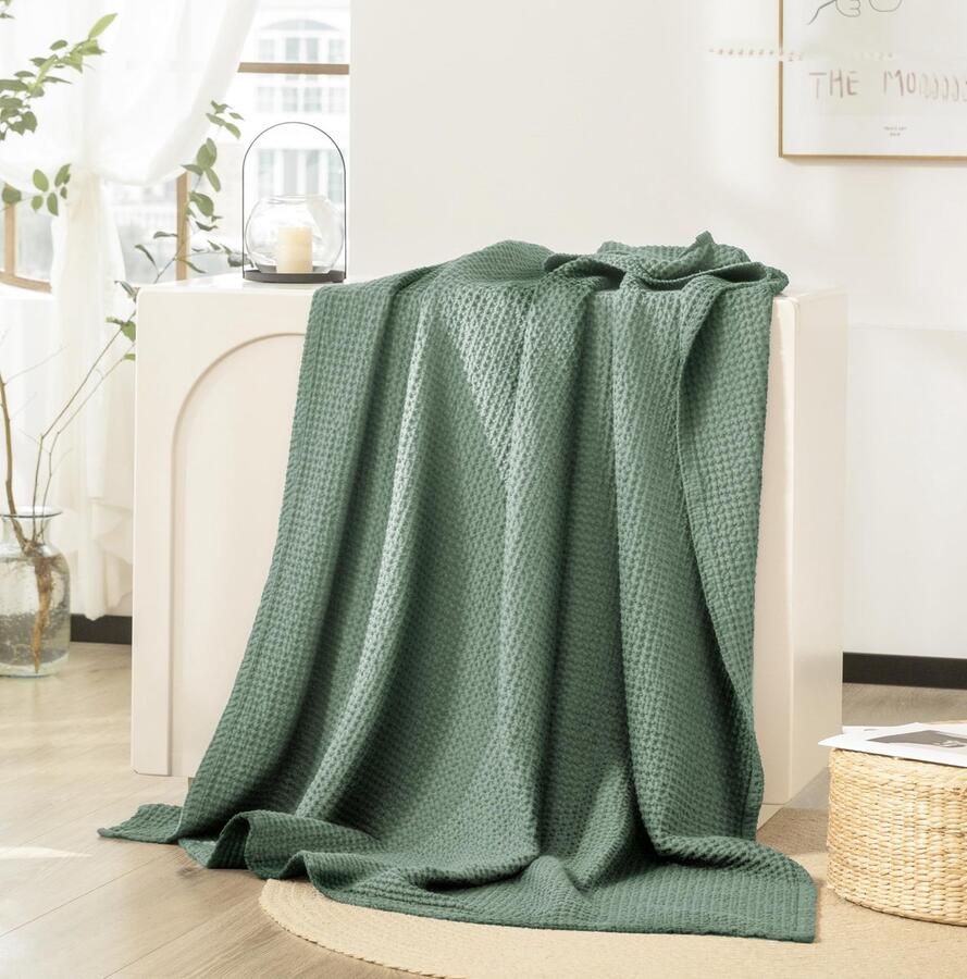 Boraboi Zachte katoenen woondeken met wafelpatroon voor bank en woonkamer-groen-150x200cm