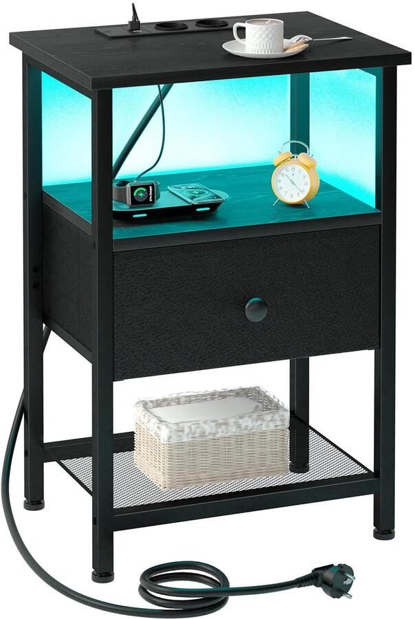 Boraboi Zwart nachtkastje met LED-verlichting en oplaadfunctie voor slaap- en woonkamer