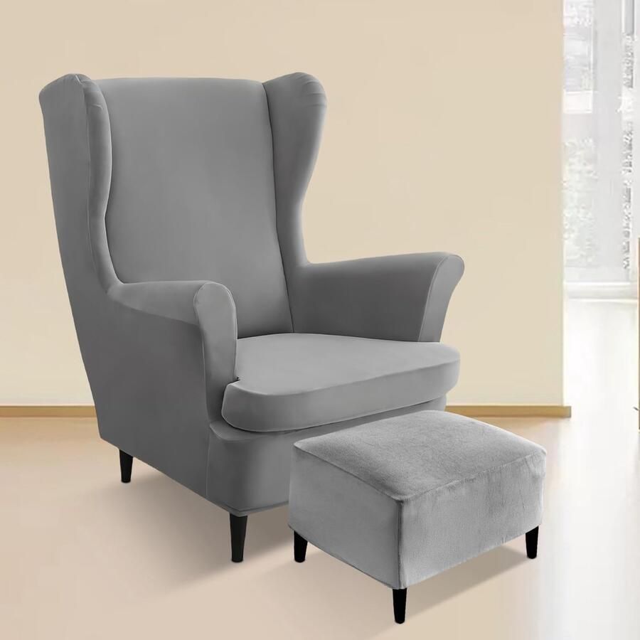 BORDEAG 3-delige oorstoelhoes met poefbeschermhoes elastische fauteuilspreien oorstoelbeschermhoezen stretch fauteuilhoes tijgerstoelhoes met armleuning hoge rugleuning (donkergrijs)