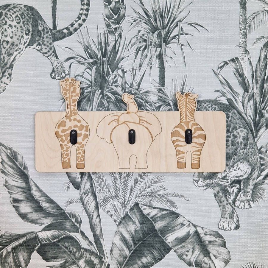 Borduren enzo Kapstok dieren kontjes 3 haken olifant giraf zebra safari dieren wandkapstok hout kapstok met dieren