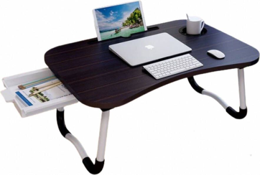 borvat Bedtafel voor laptop iPad tablet boek huiswerk of ontbijt op bed Opvouwbare laptop tafel met bekerhouder 60x40x28 hout Zwart