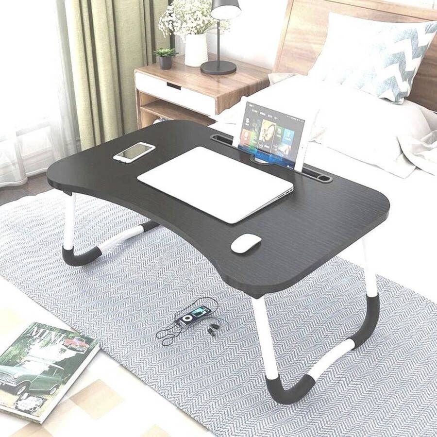 borvat Bedtafel voor laptop iPad tablet boek huiswerk of ontbijt op bed Opvouwbare laptop tafel met bekerhouder 60x40x28 hout Zwart