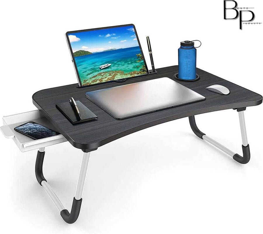 Borvat Beste s nachtkastje| laptop bureau Laptoptafel Grote draagbare opklapbare bedtafel Computer| laptop bureaustandaard met bekerhouder| telefoon houder Opberglade voor schrijfwerk eet het voedsel Zwart