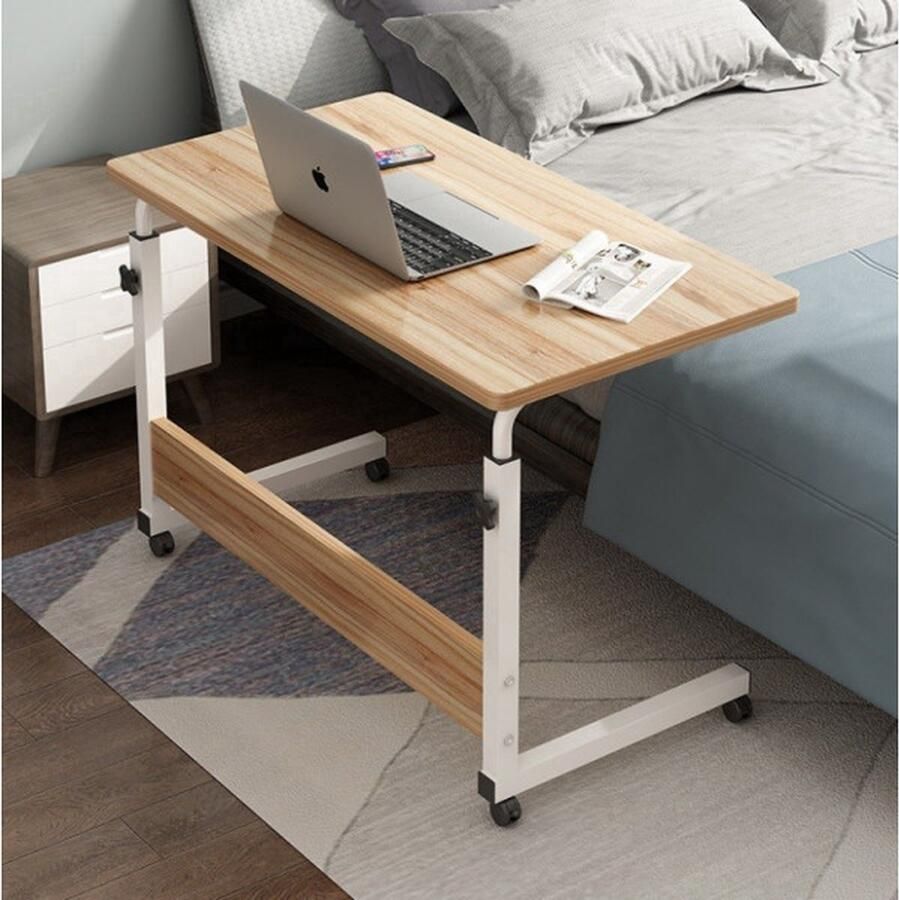 Borvat Hoogte Verstelbare Laptoptafel met Wielen 60x40cm Bedtafel Bijzettafel voor Bank en Bed Hout en Metaal