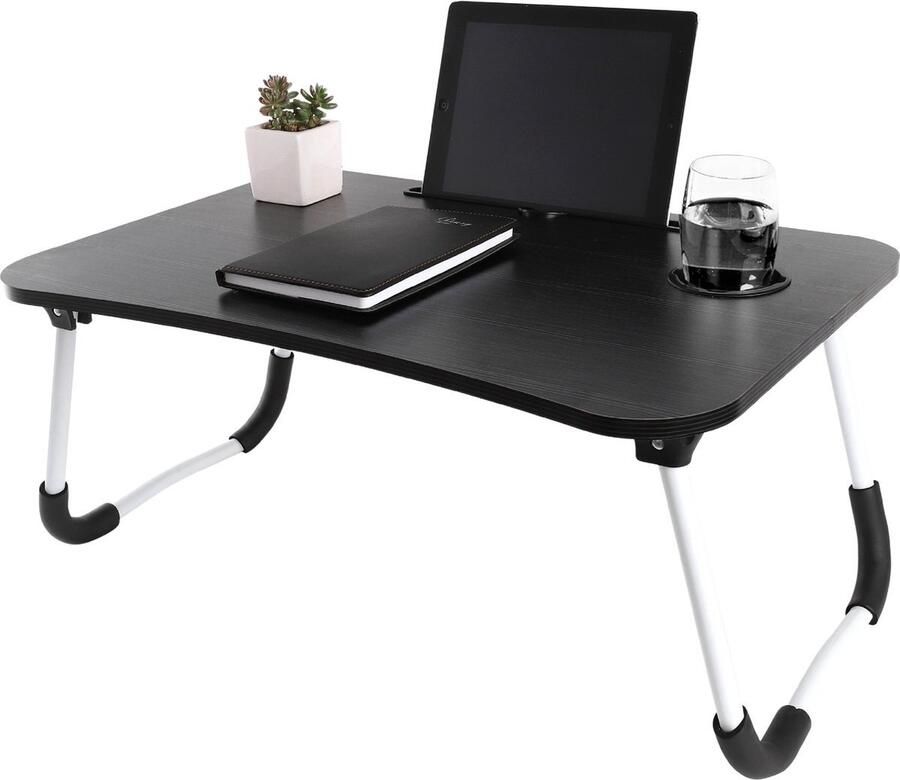 Borvat Laptoptafel – Multifunctioneel – Inklapbaar – Met Tablethouder & Glashouder – 60x40 cm – Zwart Wit