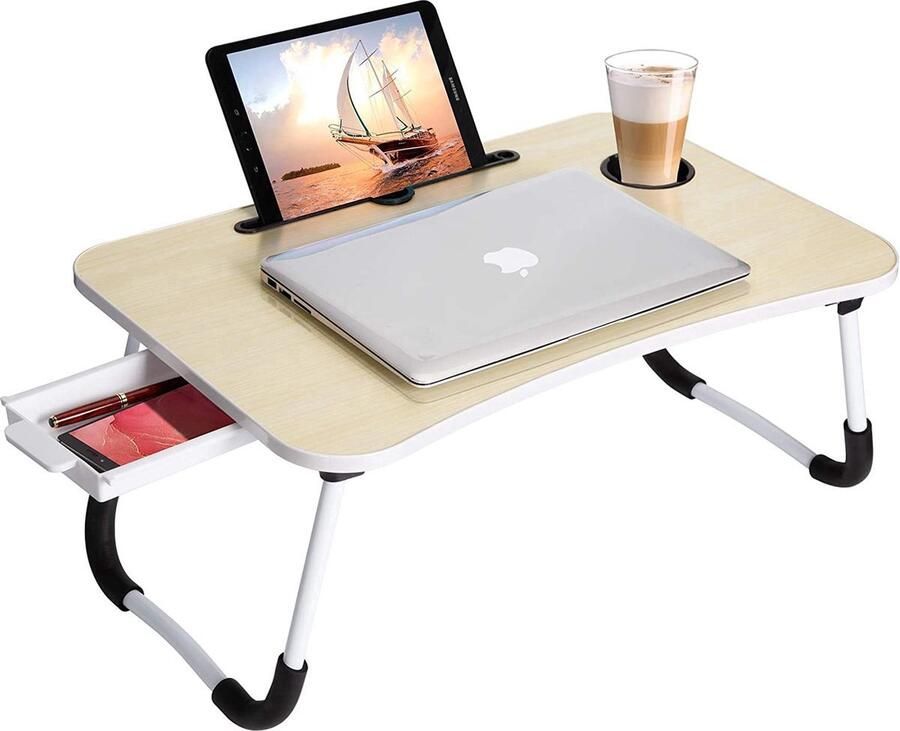 Borvat Opvouwbare Laptoptafel met iPad- & Bekerhouder – Bedtafel met Opberglade – Ergonomisch & Multifunctioneel – 60x40 cm – hout