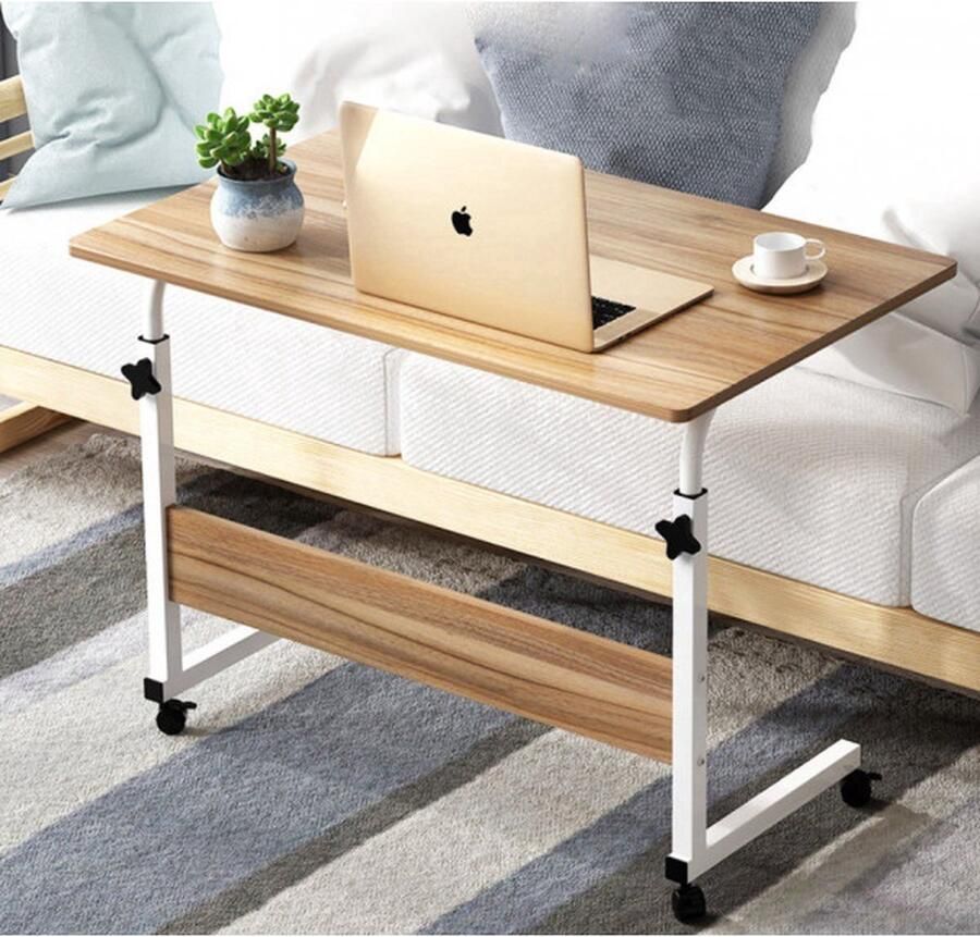 Borvat Verstelbare Bijzettafel met Wielen Mobiele Laptoptafel Tafel voor Bed of Sofa 60x40 cm Metaal & Hout Zwart