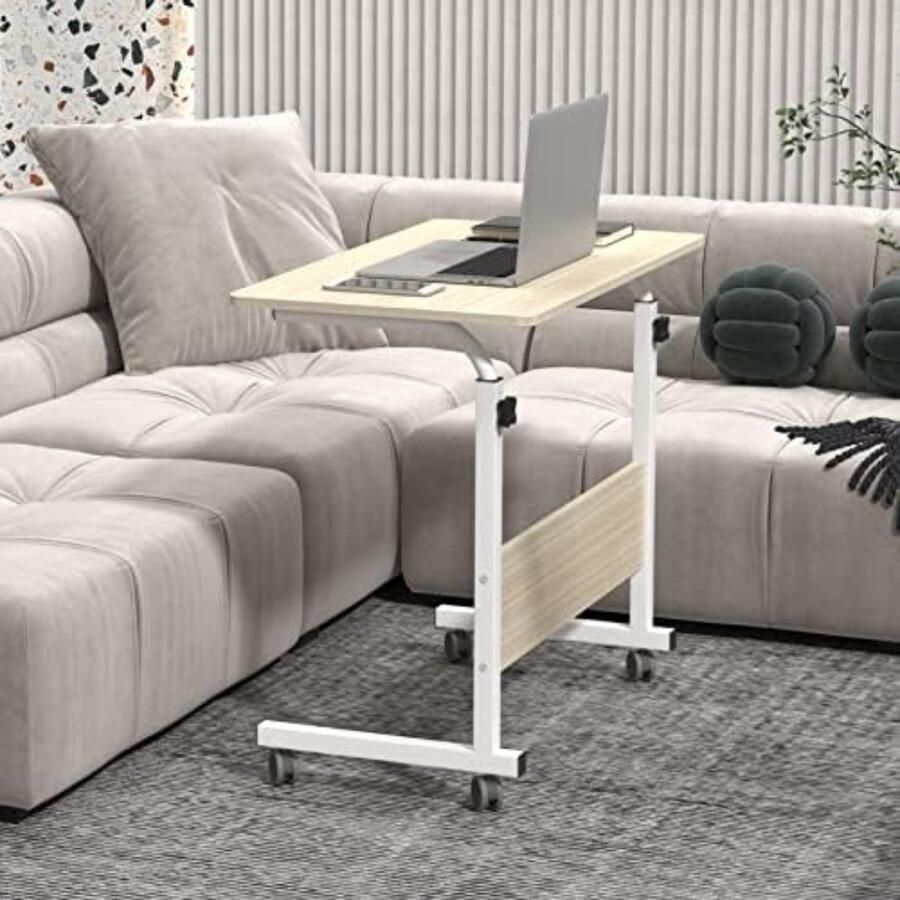 Borvat Verstelbare Laptoptafel met Wielen Bedtafel 80x40 cm In Hoogte Verstelbaar Bijzettafel voor Bank en Bed