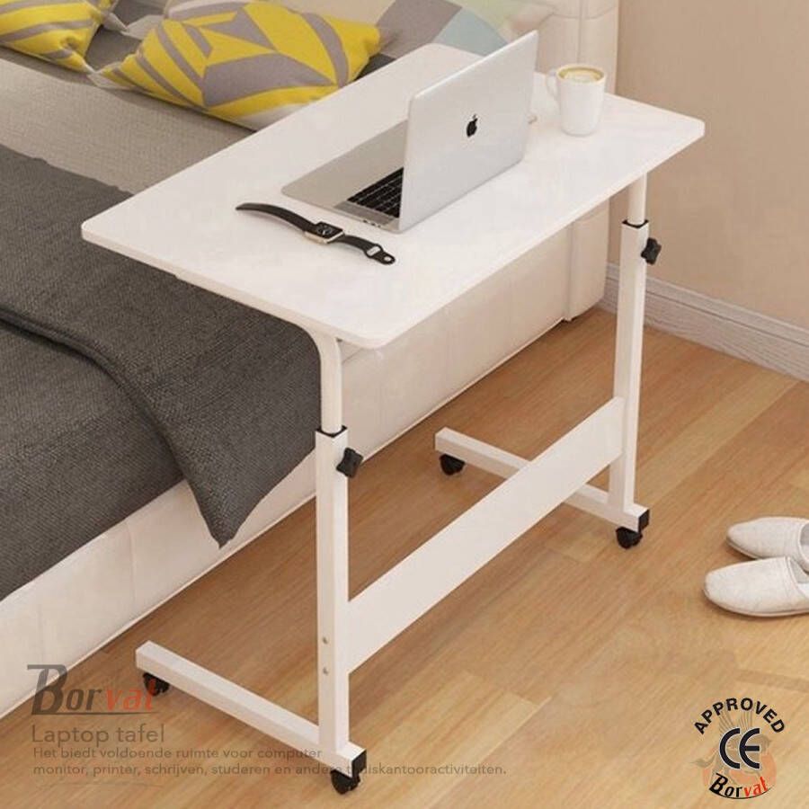 Borvat Mobiele Bureau Laptop bijzettafel Sta bureau voor laptop tafel voor thuis Bureau Op Wielen thuiskantoor Wit (60cm * 40cm)