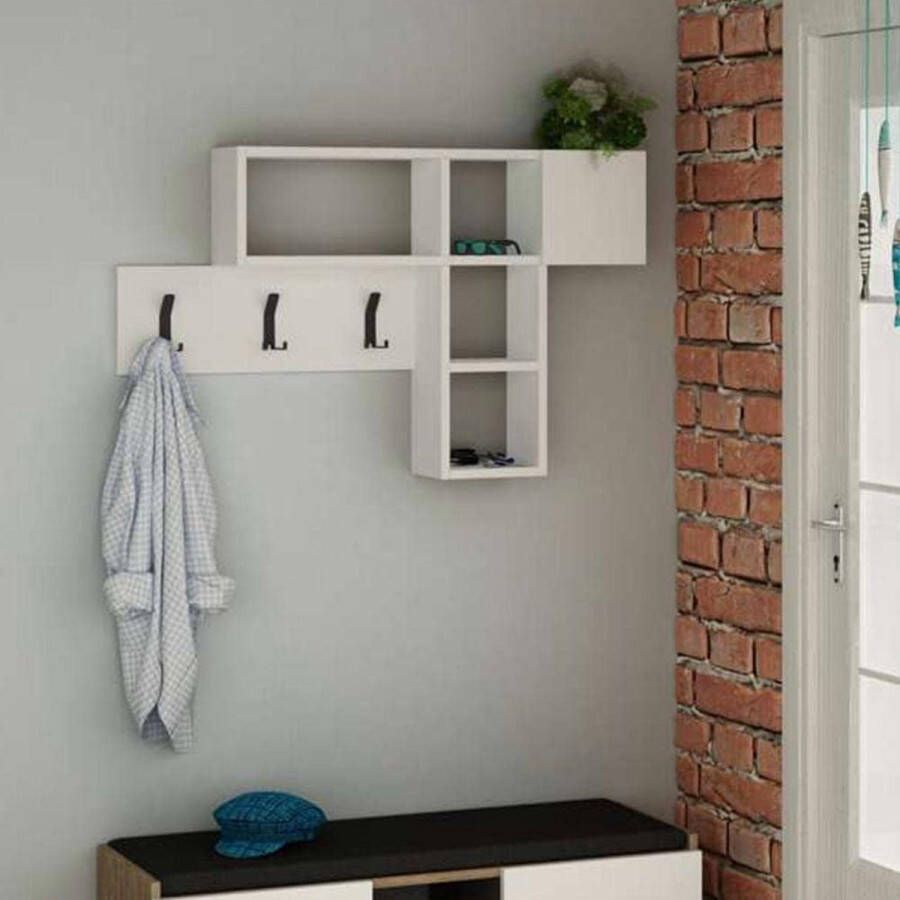 Borzmakrt Wandkapstok met 9 haken voor het ophangen van kleding en boekenkast 3 planken van MDF-hout tweekleurig modern design afmetingen 99 5 x 61 x 15 cm (wit)