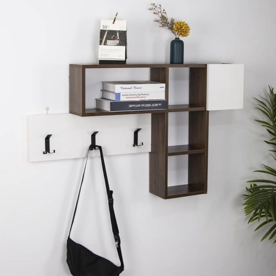 BORZMARKT Wandkapstok met 9 haken voor het ophangen van kleding en boekenkast 3 planken van MDF-hout tweekleurig modern design afmetingen 99 5 x 61 x 15 cm (bruin)
