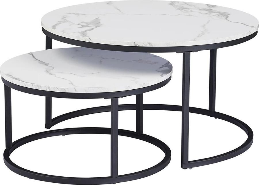 Crossover Retail Marmer Salontafel Set Rond 2st Zwart Metalen Frame met Marmeren Look Ø80 Ø60 cm