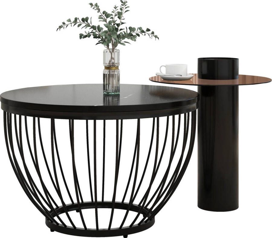 B.O.S. Salontafel Set van 2 Salontafels Rond Bijzettafel met Glazen Tafelblad Elegante Set Koffietafels Vogelnest Ontwerp MDF Wood Look PVC Zwart Staal Glas