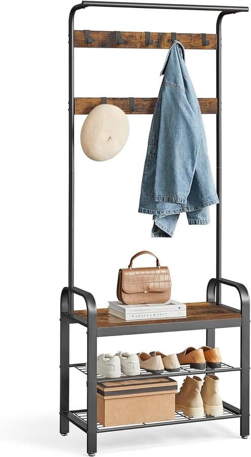 BOTC Kapstok -Staande kapstok 4in1 34 x 72 x 183 cm Vestiboom met schoenenbank ophangstang Bruin en Zwart